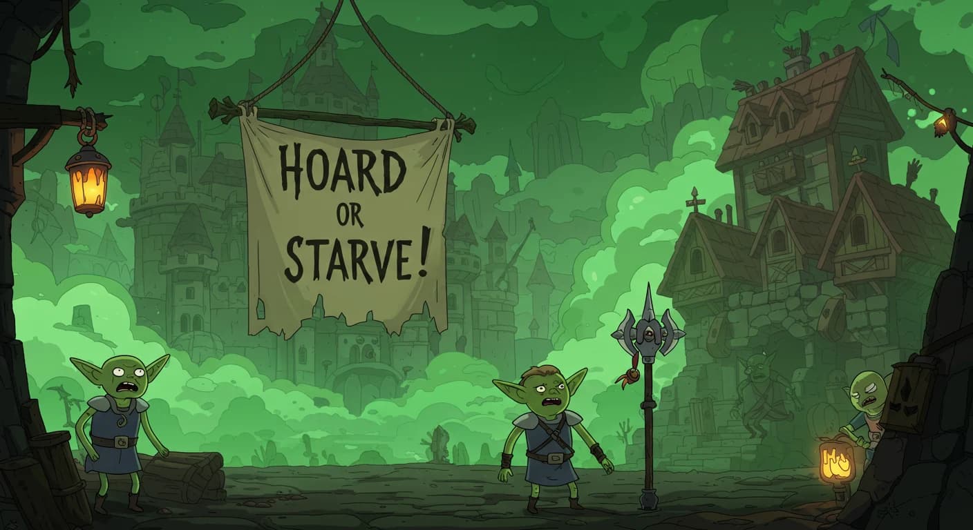 Fantasy goblin town with a 'Hoard or Starve!' banner
