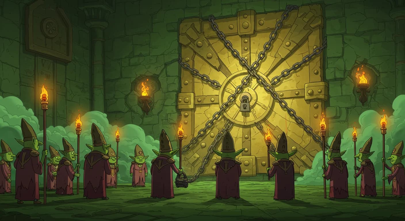 Fantasy goblin town with a 'Hoard or Starve!' banner